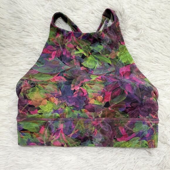 Women Lululemon Energy High-Neck Longline Tough Bra Vivid Floral Tone Multi Sz 6 - Picture 3 of 7